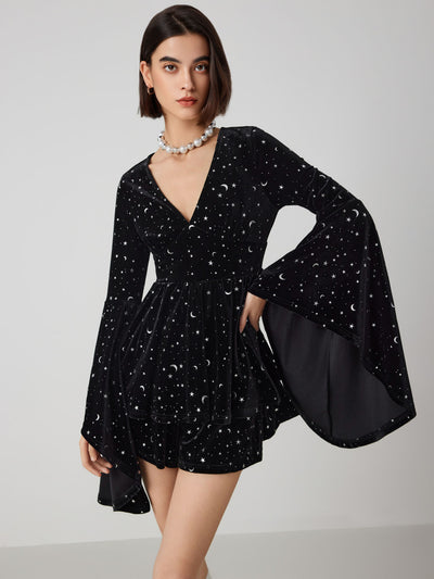 Velvet V-Neck Star & Moon Romper