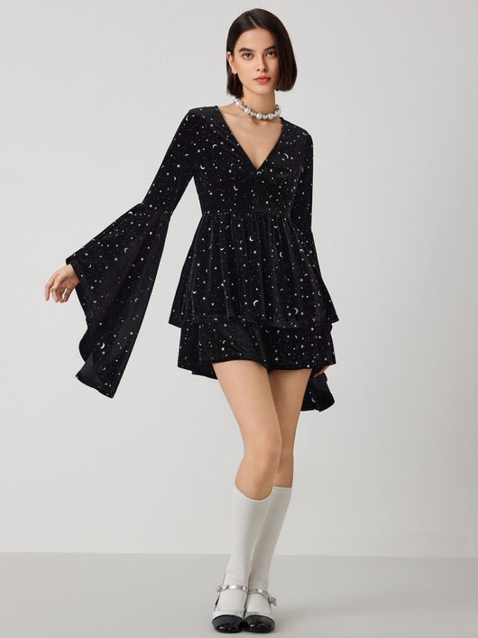 Velvet V-Neck Star & Moon Romper
