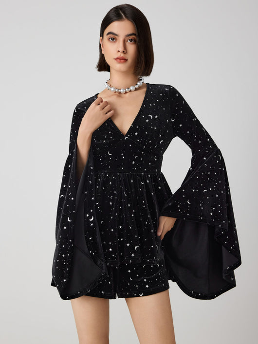 Velvet V-Neck Star & Moon Romper