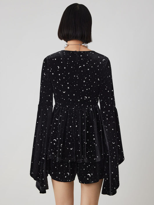 Velvet V-Neck Star & Moon Romper