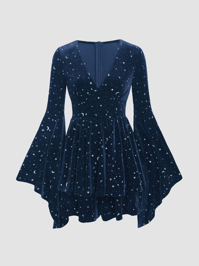 Velvet V-Neck Star & Moon Romper