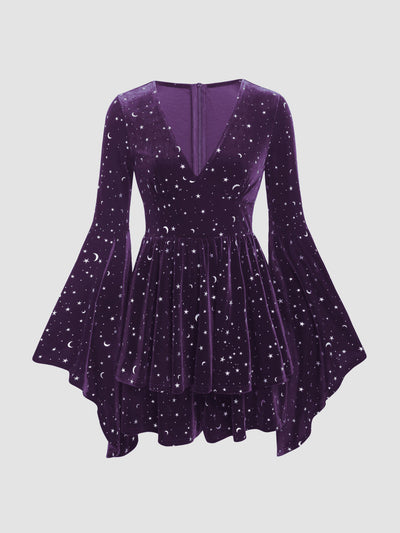 Velvet V-Neck Star & Moon Romper