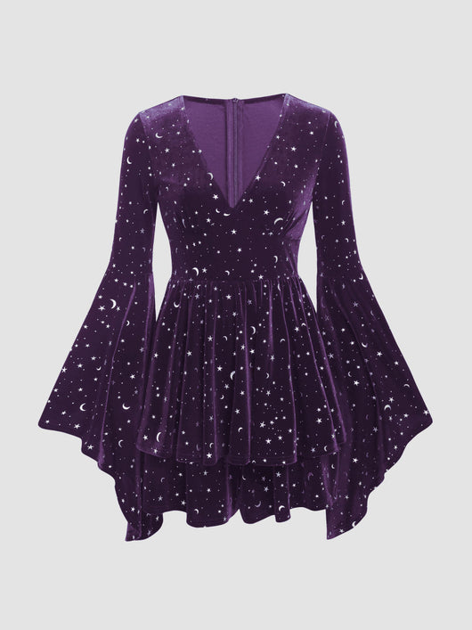 Velvet V-Neck Star & Moon Romper