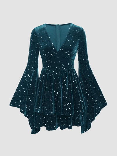 Velvet V-Neck Star & Moon Romper