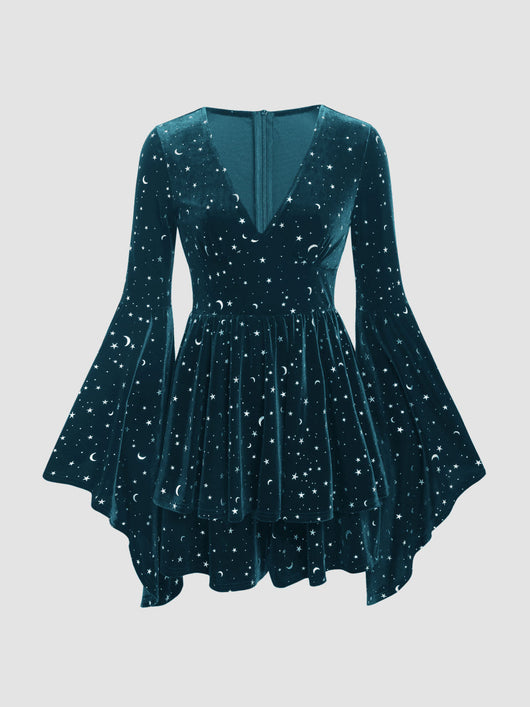 Velvet V-Neck Star & Moon Romper
